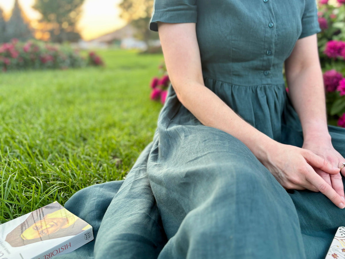 Lisette — Forest Green Linen Midi Dress