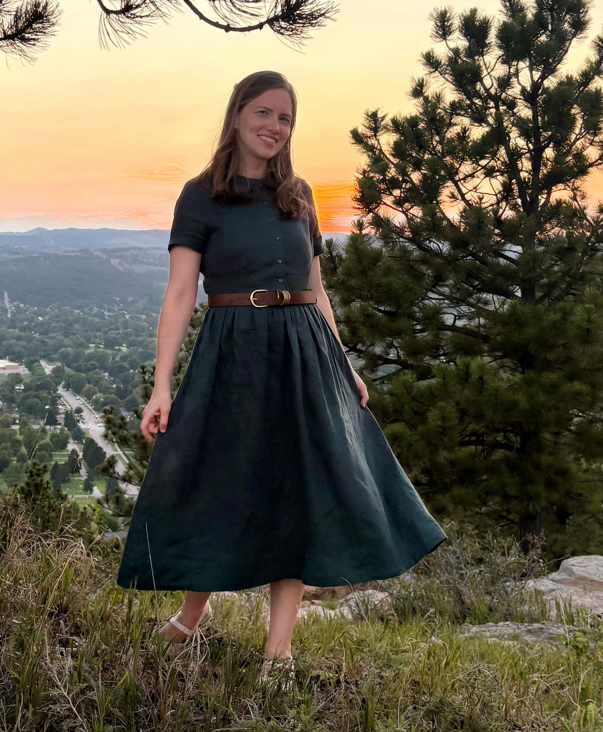 Lisette — Forest Green Linen Midi Dress