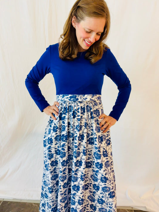 Blue Horizon Women's Floral Midi Dress with Pockets