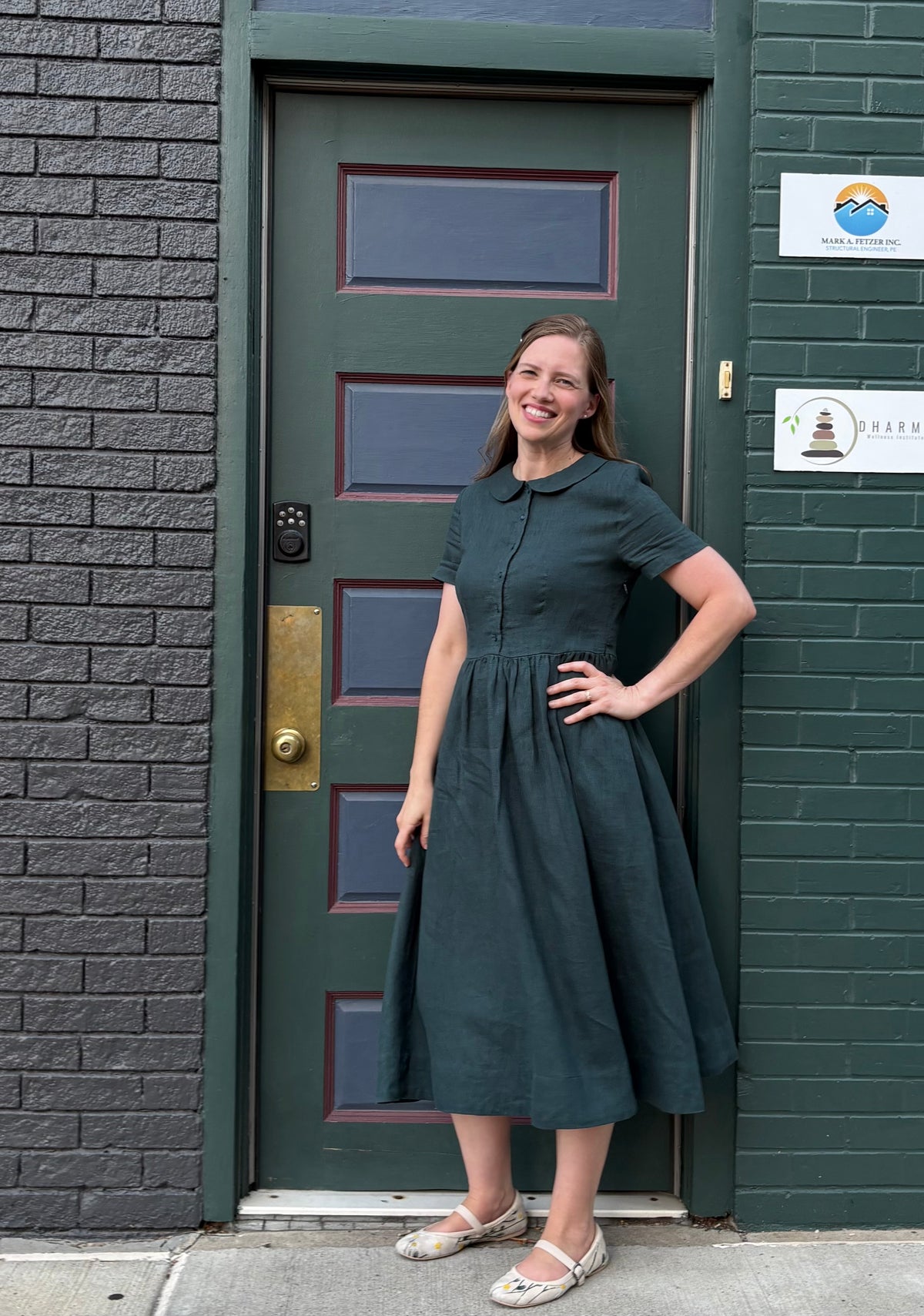 Lisette — Forest Green Linen Midi Dress