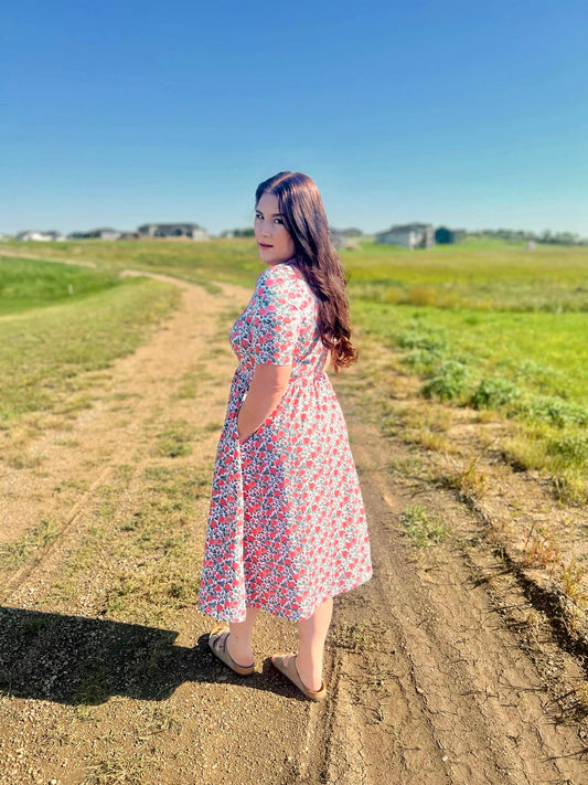 Shower of Roses Women's Floral Midi Dress with Pockets